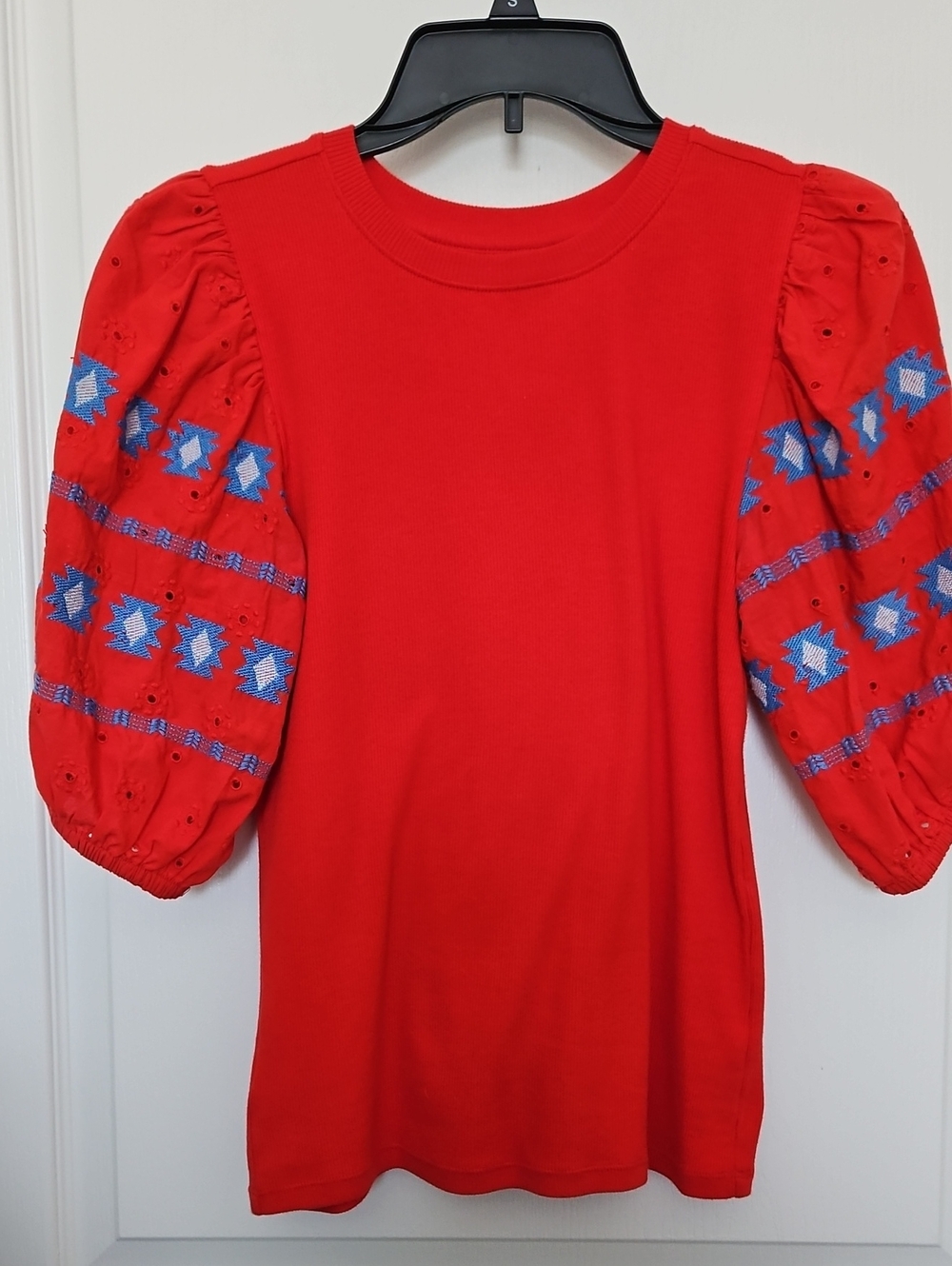 LOFT Red Puff Sleeve Top with Blue Embroidery, XS